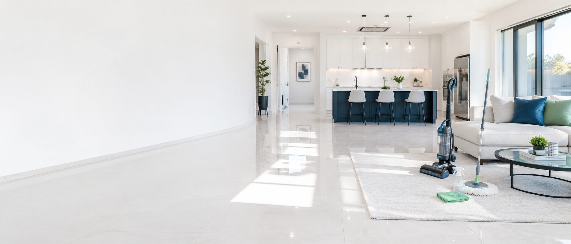 Spotless modern kitchen and living space