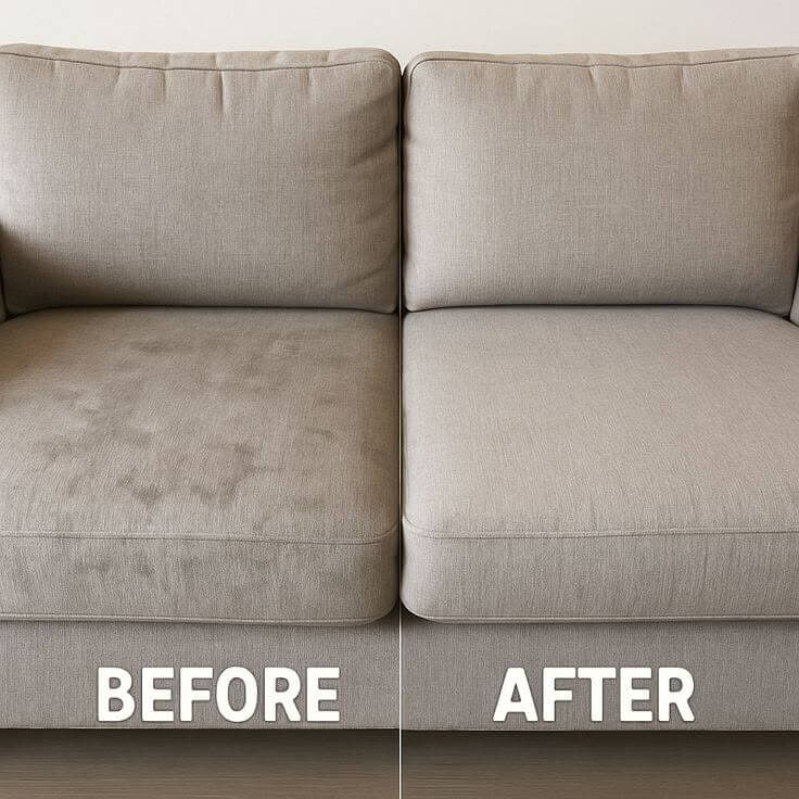 Real before and after result of a loveseat cushion deep clean