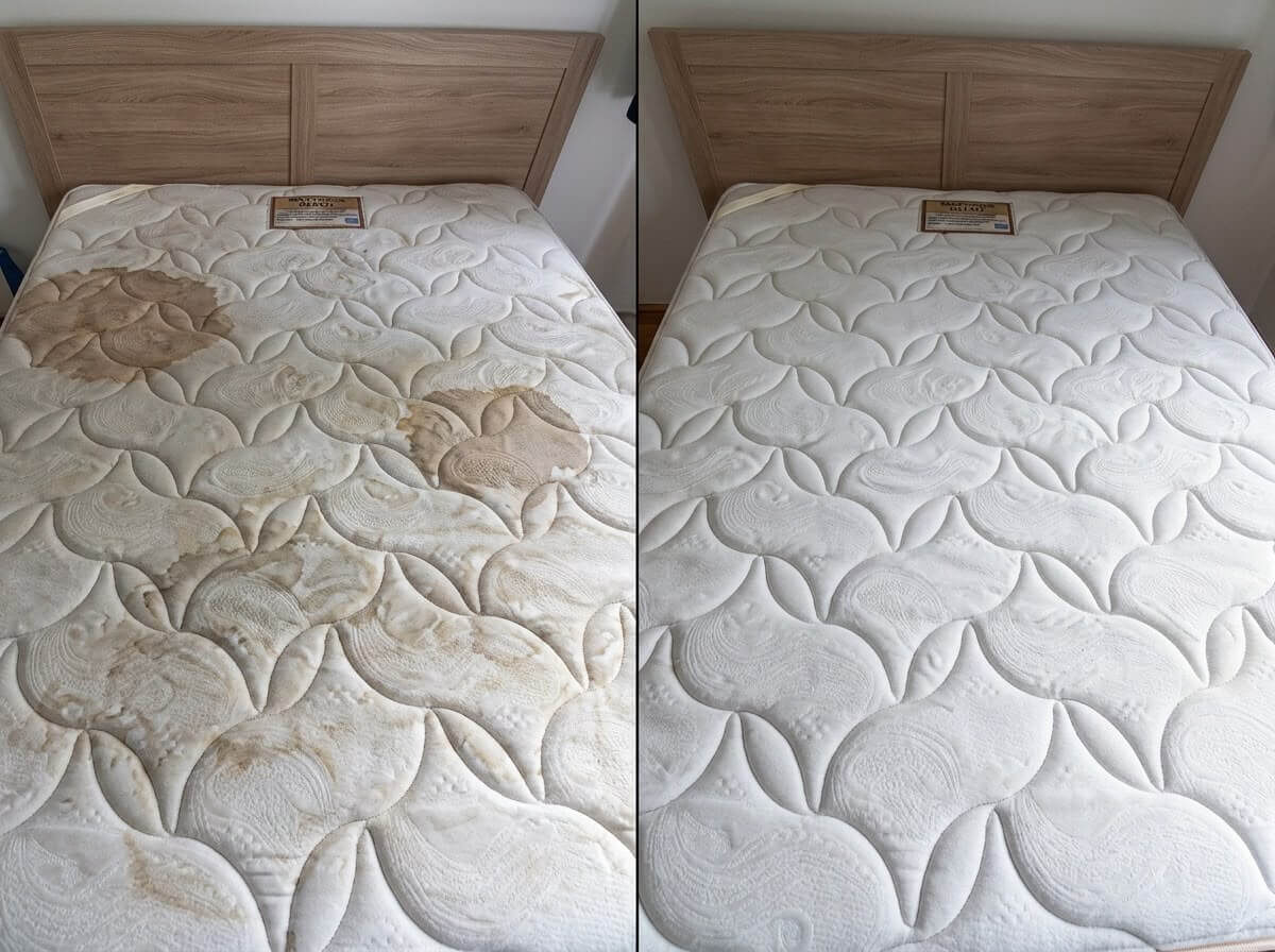 Real before and after result of a mattress deep clean by Deep Cleaning Experts