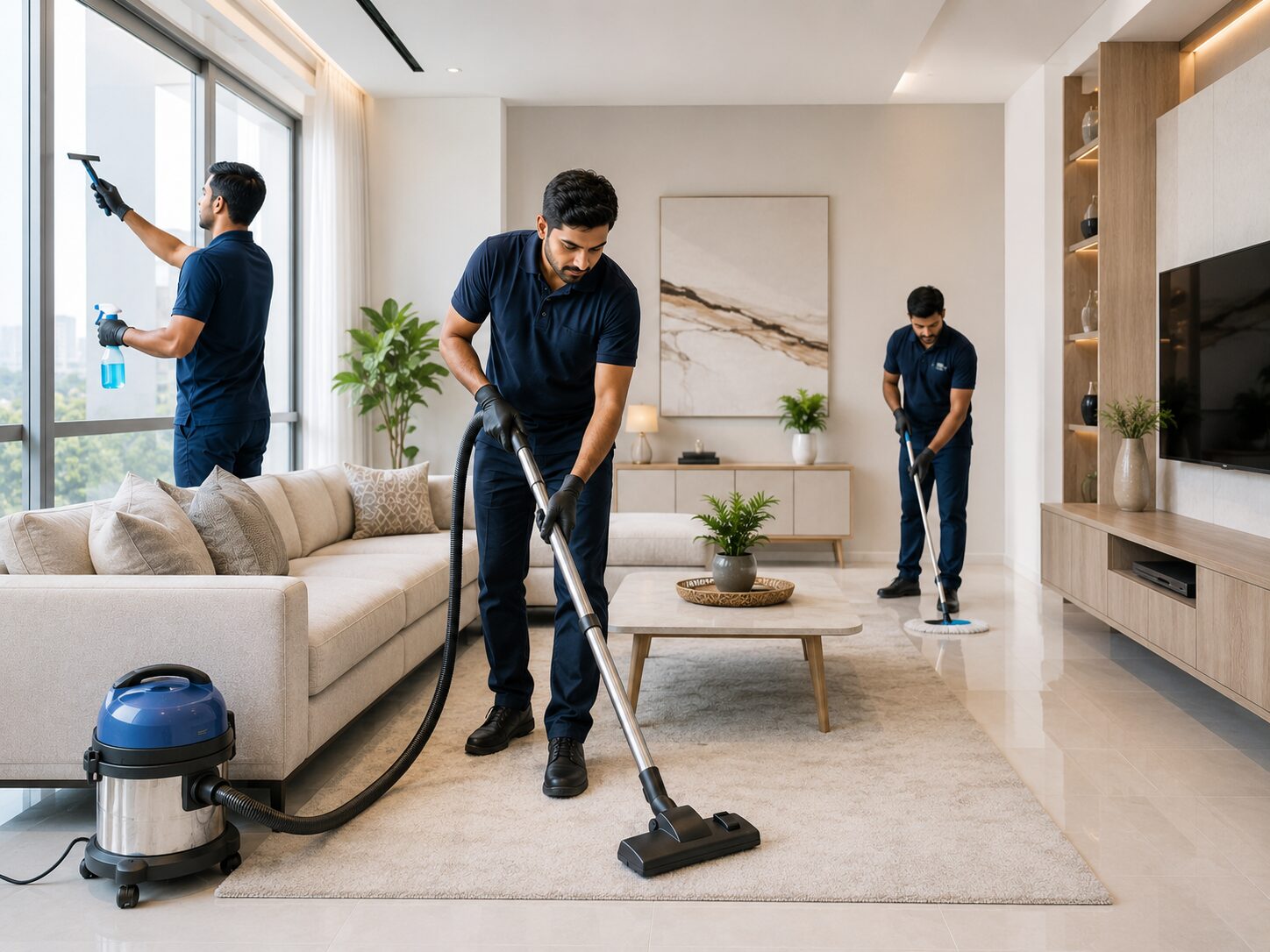 Team cleaning windows and floors in a living room
