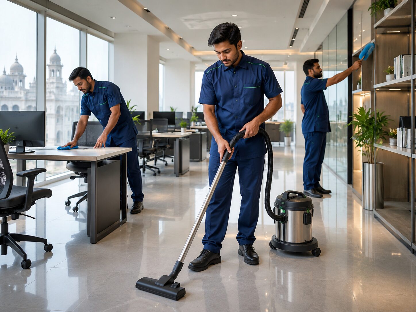 Office cleaning team at work